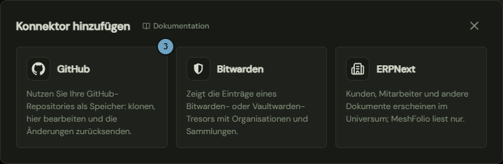Das Fenster mit den Karten GitHub, Bitwarden und ERPNext; die Zahlen nennen die Schritte