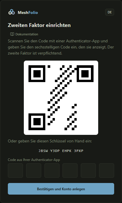 Die Einrichtung mit dem Einrichtungscode zum Scannen und den sechs Feldern für den Code