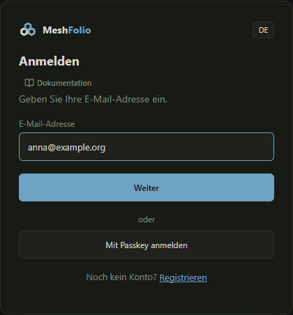 Die Anmeldeseite mit dem Feld für die E-Mail-Adresse