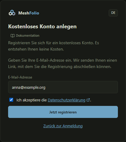Die Registrierung mit E-Mail-Adresse und Datenschutz-Hinweis