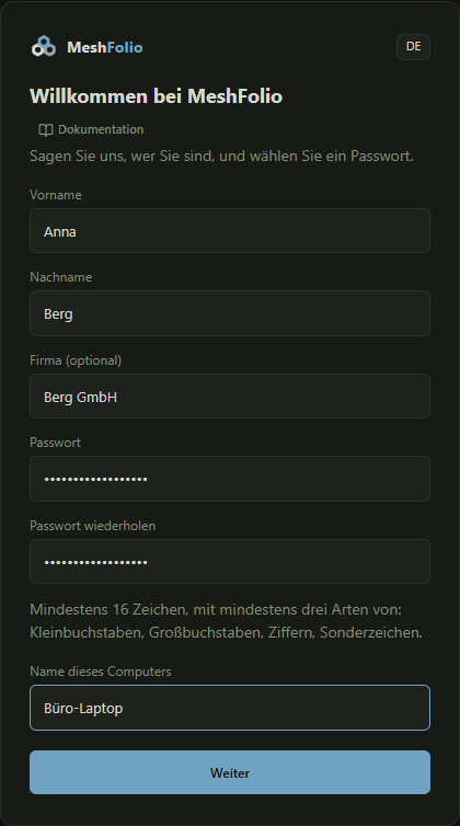 Die Seite „Willkommen bei MeshFolio“ mit Namen, Passwort und Computername