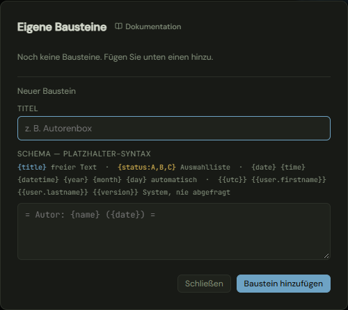 Das Fenster mit der Liste, dem Titel und dem Schema