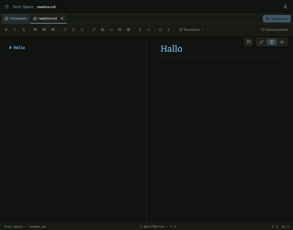 Der Editor mit der Werkzeugleiste, dem Text links und der Vorschau rechts