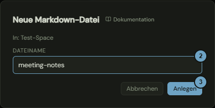 Das Fenster mit einem eingetragenen Dateinamen, bereit zum Anlegen; die Zahlen nennen die Schritte