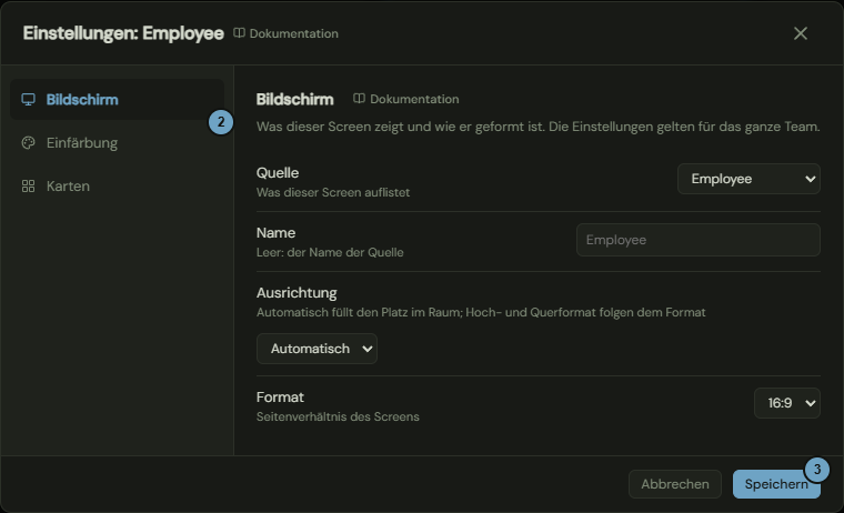 Der Dialog Einstellungen mit den drei Reitern links, dem Reiter Bildschirm und den Schaltflächen Abbrechen und Speichern; die Zahlen nennen die Schritte