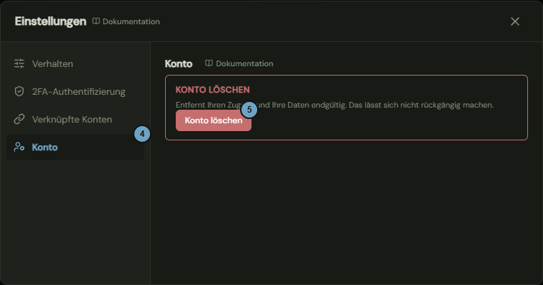 Der Reiter Konto mit der Zone Konto löschen; die Zahlen nennen die Schritte