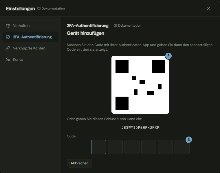 Der Reiter beim Hinzufügen eines Geräts mit QR-Code, Schlüssel und Feld für den Code; die Zahlen nennen die Schritte