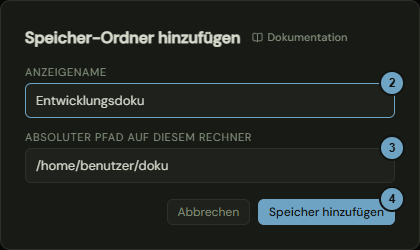 Das Fenster mit den Feldern für den Anzeigenamen und den Pfad und der Schaltfläche Speicher hinzufügen; die Zahlen nennen die Schritte