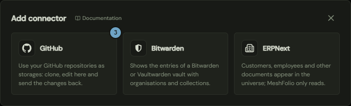 The window with the cards GitHub, Bitwarden and ERPNext; the numbers name the steps