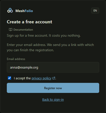 The registration with email address and privacy notice