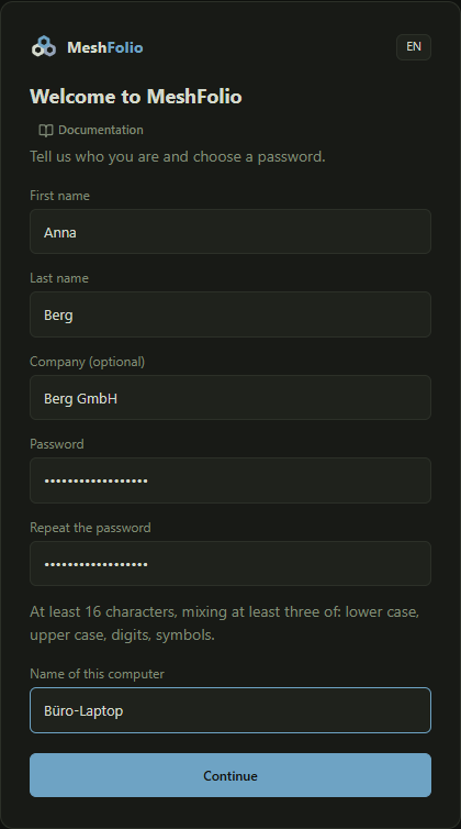 The “Welcome to MeshFolio” page with name, password and computer name