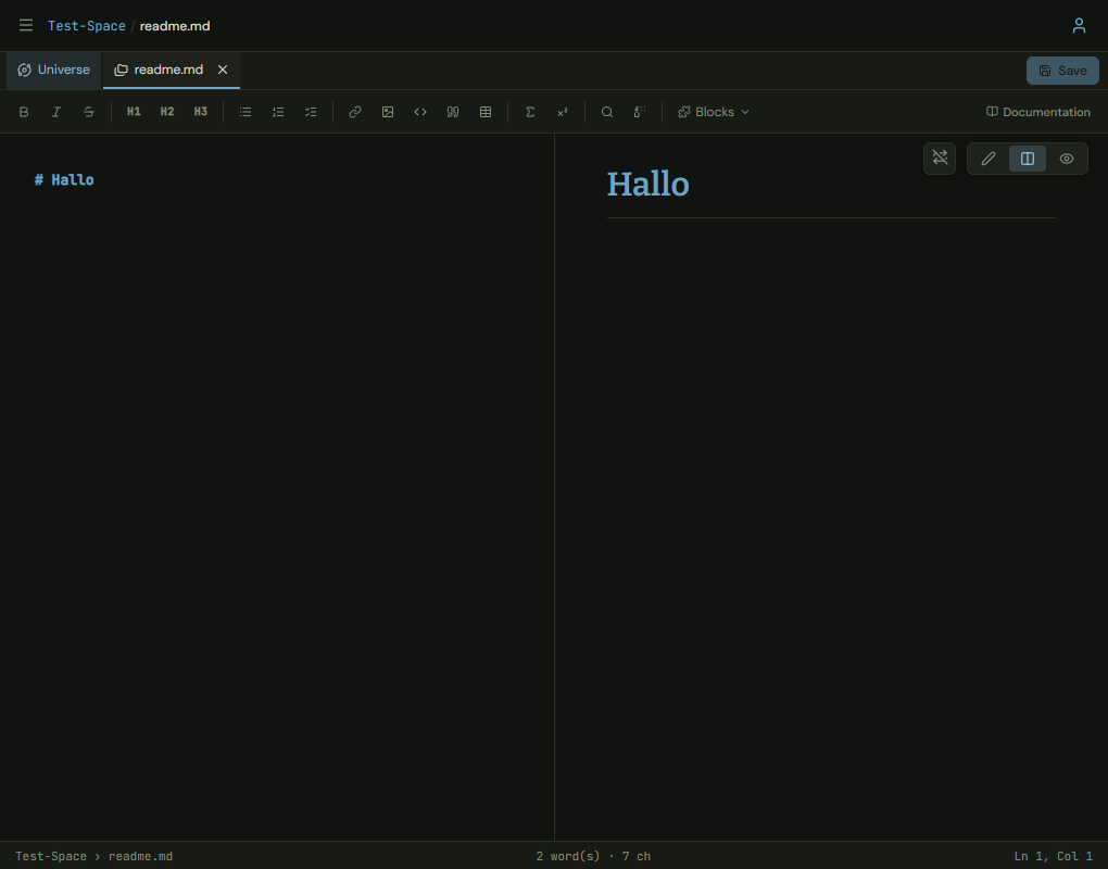 The editor with the toolbar, the text on the left and the preview on the right
