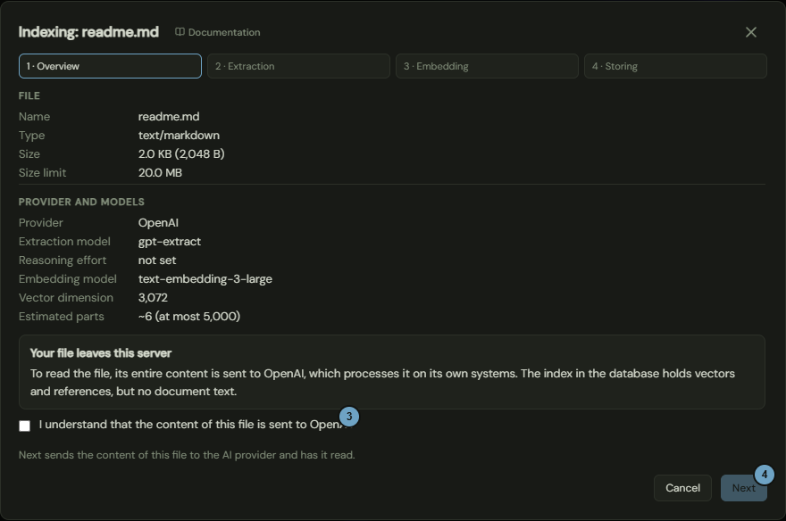The Indexing window with the overview of file, provider and models, the note and the confirmation; the numbers name the steps