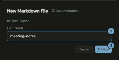 The window with a file name entered, ready to create; the numbers name the steps