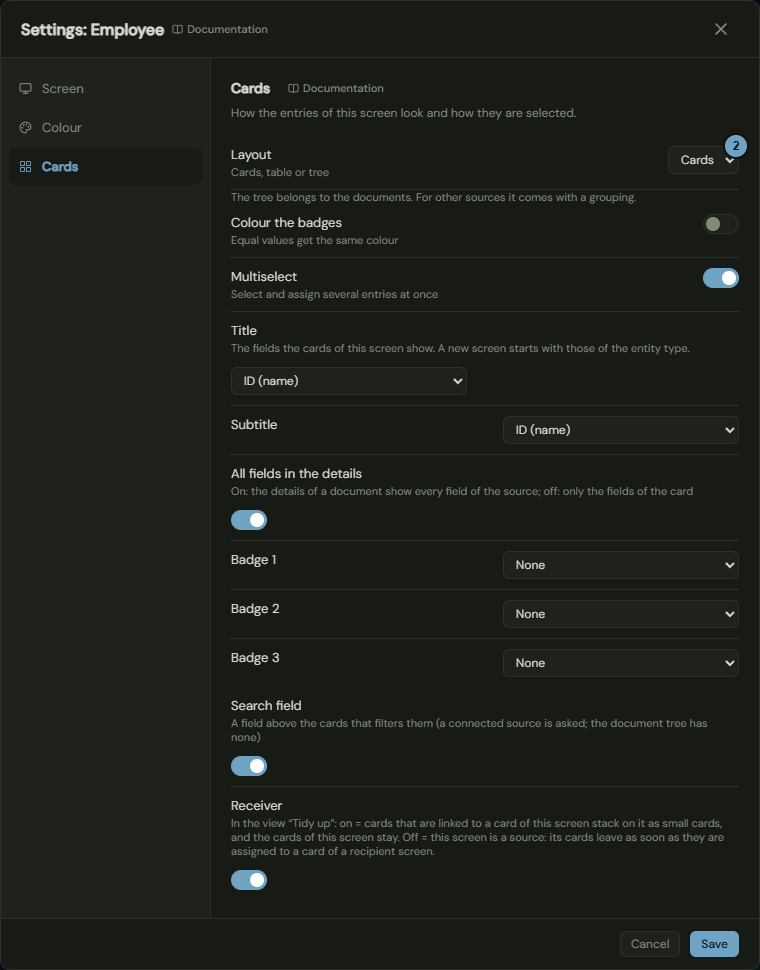 The Cards tab with Layout, the switches, the fields Title, Subtitle and Badge 1 to 3, and the Search field and Receiver switches; the numbers name the steps