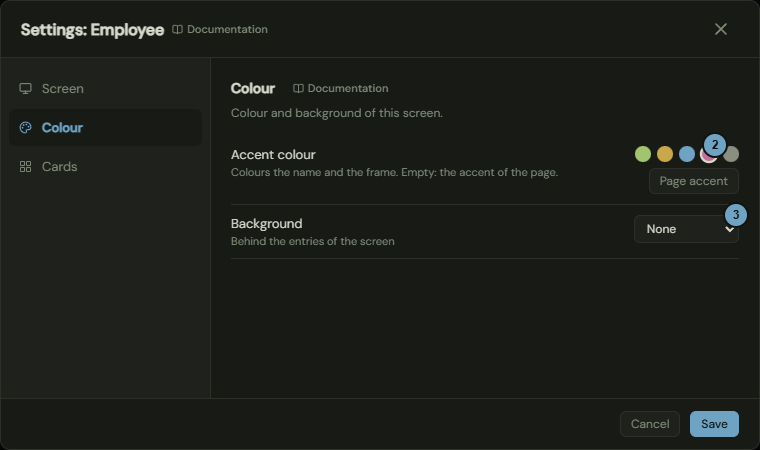 The Colour tab with the colour swatches of the accent colour, the button Page accent and the choice Background; the numbers name the steps