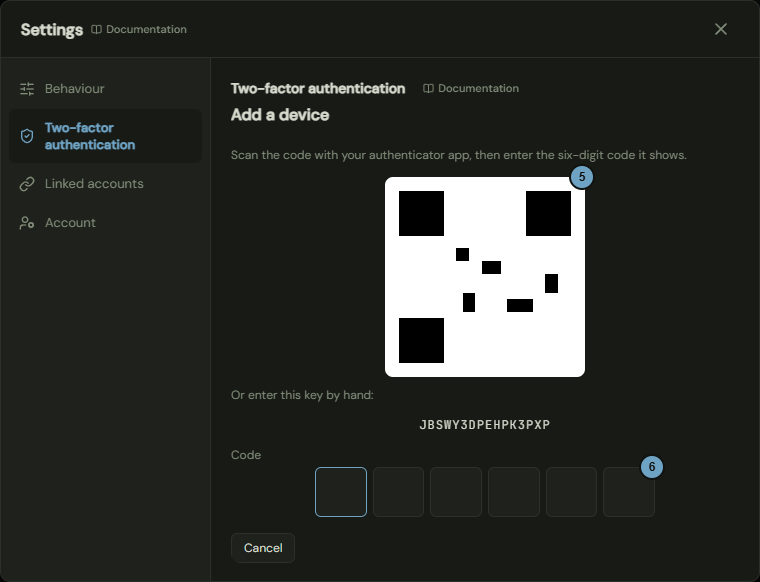 The tab while a device is added, with QR code, key and the field for the code; the numbers name the steps