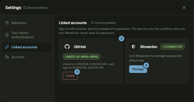 The Linked accounts tab with the card GitHub and the card Bitwarden; the numbers name the steps