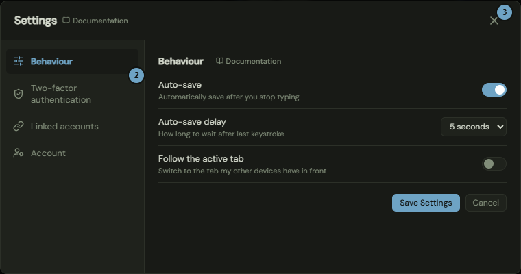 The Settings window with the four tabs at the left and the Behaviour tab; the numbers name the steps