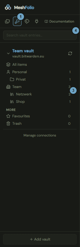 The sidebar with the Vaults view, the list of folders, organizations and collections and the search field; the numbers name the steps